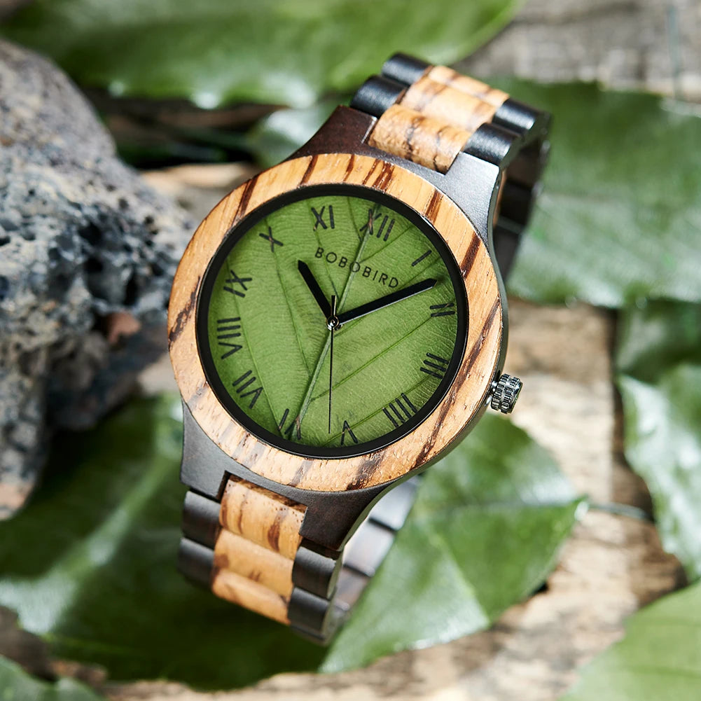 FBA Men's BOBO BIRD Genuine Leaf Wood Watch | Handmade Luxury Wooden Wristwatch