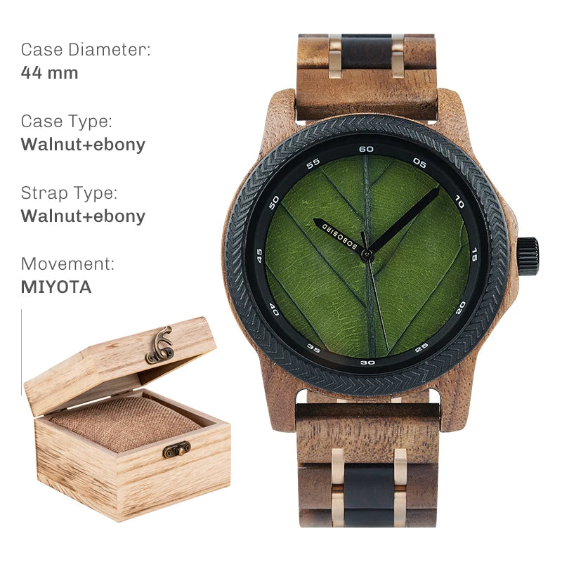 FBA Men's BOBO BIRD Genuine Leaf Wood Watch | Handmade Luxury Wooden Wristwatch