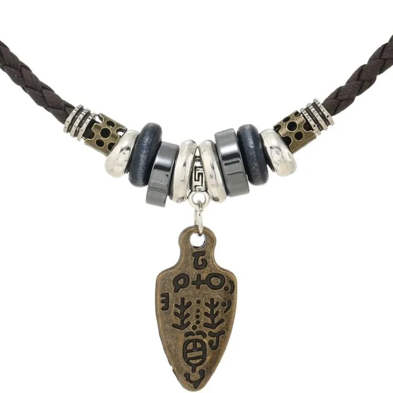 FBA Boho Braided Leather Beaded Necklace | Tribal Charm Pendant Jewelry