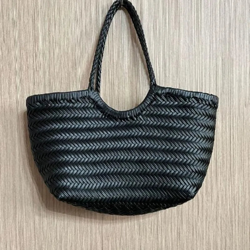 Genuine Leather Woven Basket Tote Bag for Women – Luxury Vintage Cowhide Shoulder Bag