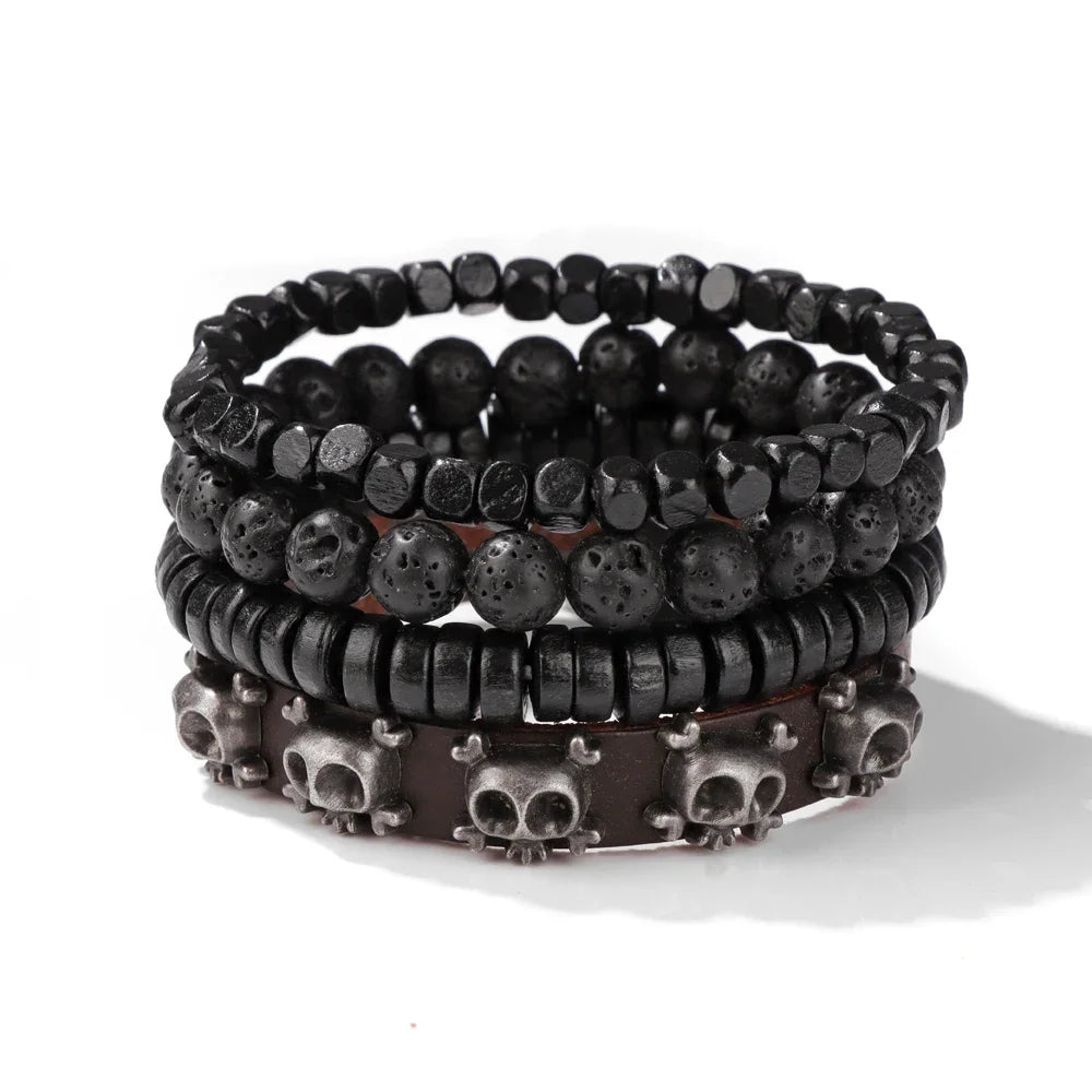 FBA Black Skull Beaded Leather Bracelet for Men | Buddhist Punk Jewelry