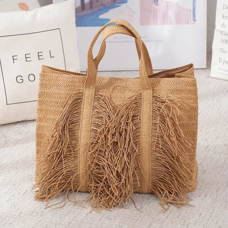 Handmade Raffia Straw Tote Bag with Tassel for Women – Large Capacity Bohemian Beach Bag