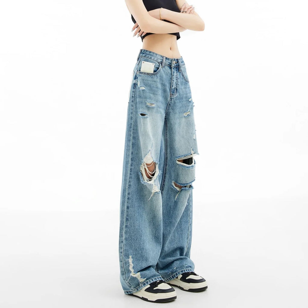 Women's American Retro Y2K Ripped Straight-Leg Jeans – Loose Casual Distressed Denim | Retro Blue | S–XL | FBA Vibes