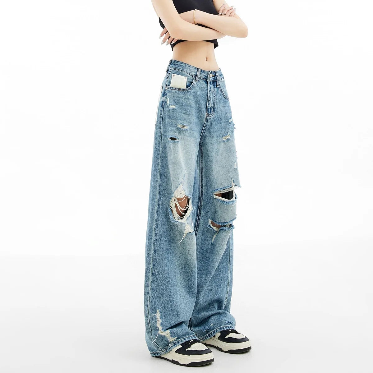 Women's American Retro Y2K Ripped Straight-Leg Jeans – Loose Casual Distressed Denim | Retro Blue | S–XL | FBA Vibes