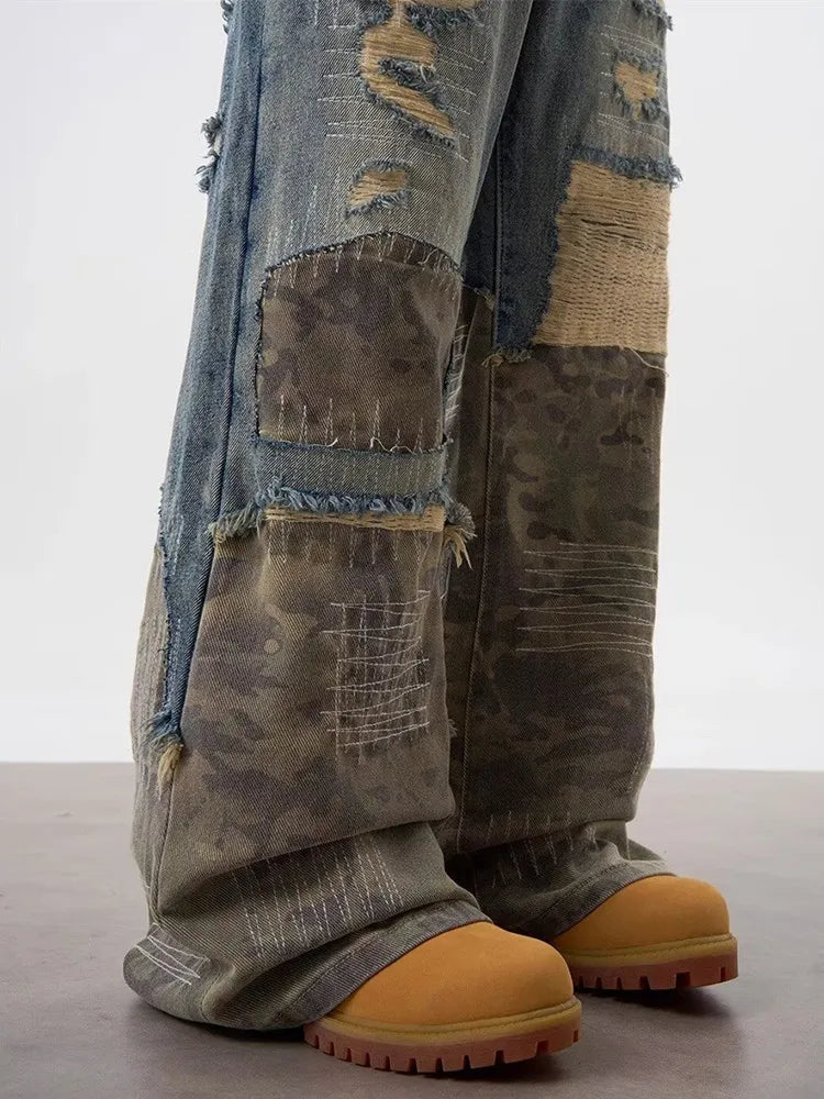 Men's American Retro Y2K Camouflage Patchwork Baggy Ripped Straight Leg Jeans – Vintage Blue Streetwear Denim | S–3XL | FBA Vibes