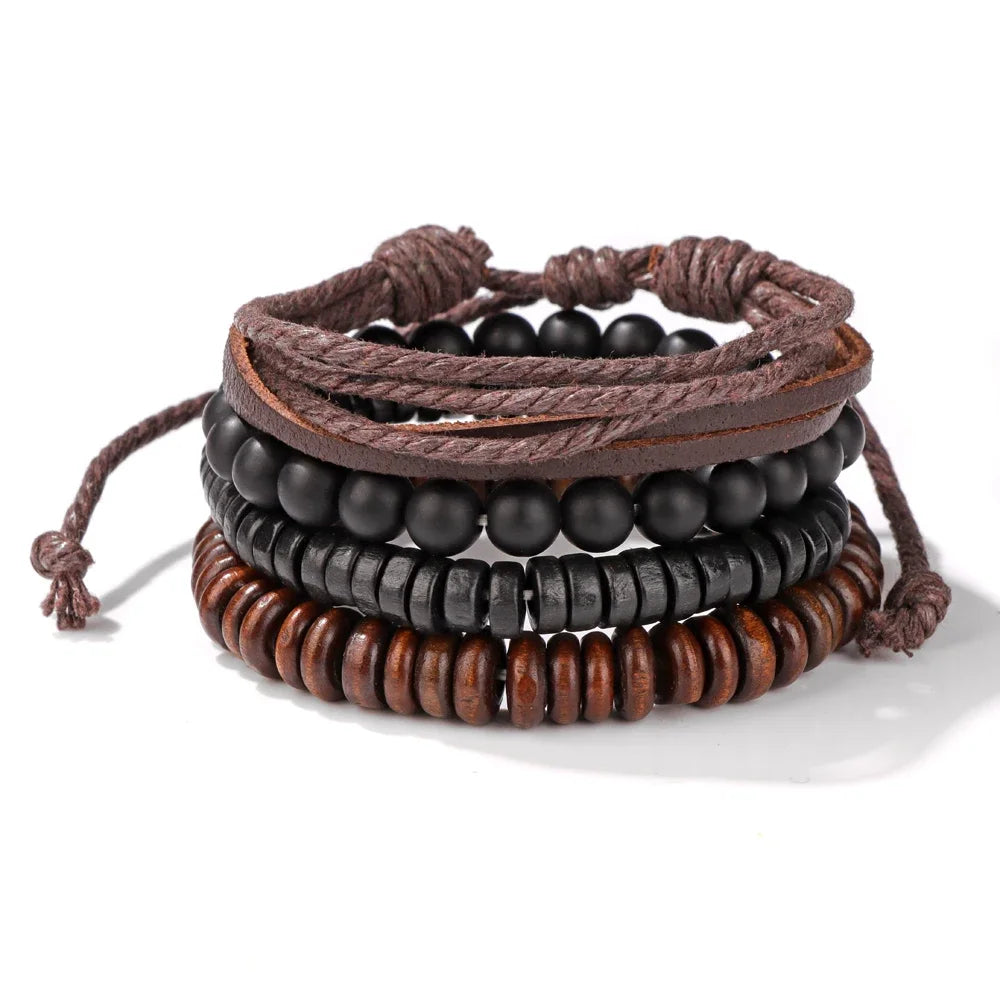 FBA Black Skull Beaded Leather Bracelet for Men | Buddhist Punk Jewelry