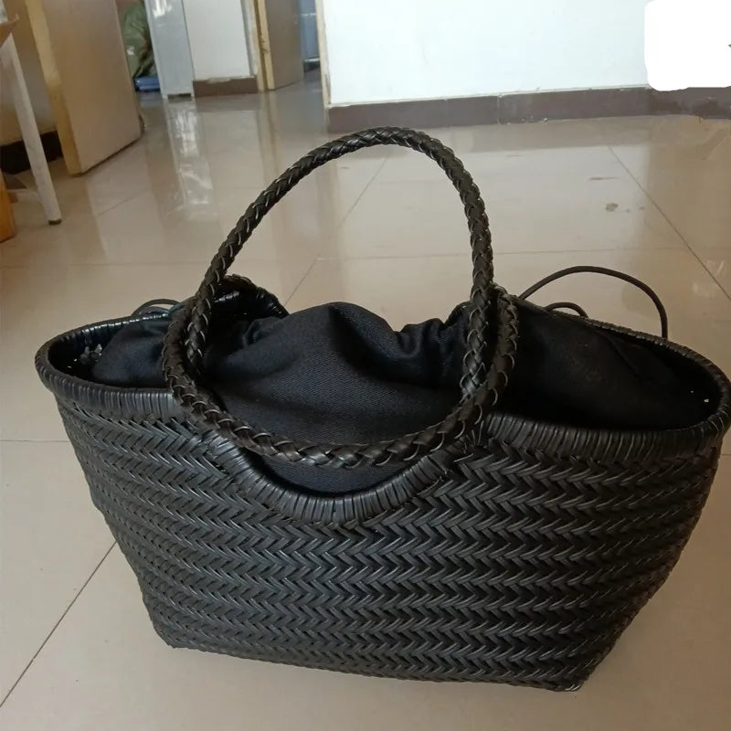 Genuine Leather Woven Basket Tote Bag for Women – Luxury Vintage Cowhide Shoulder Bag