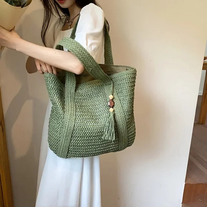 Elegant Straw Woven Tote Bag for Women – Retro Beach & Commuter Shoulder Handbag