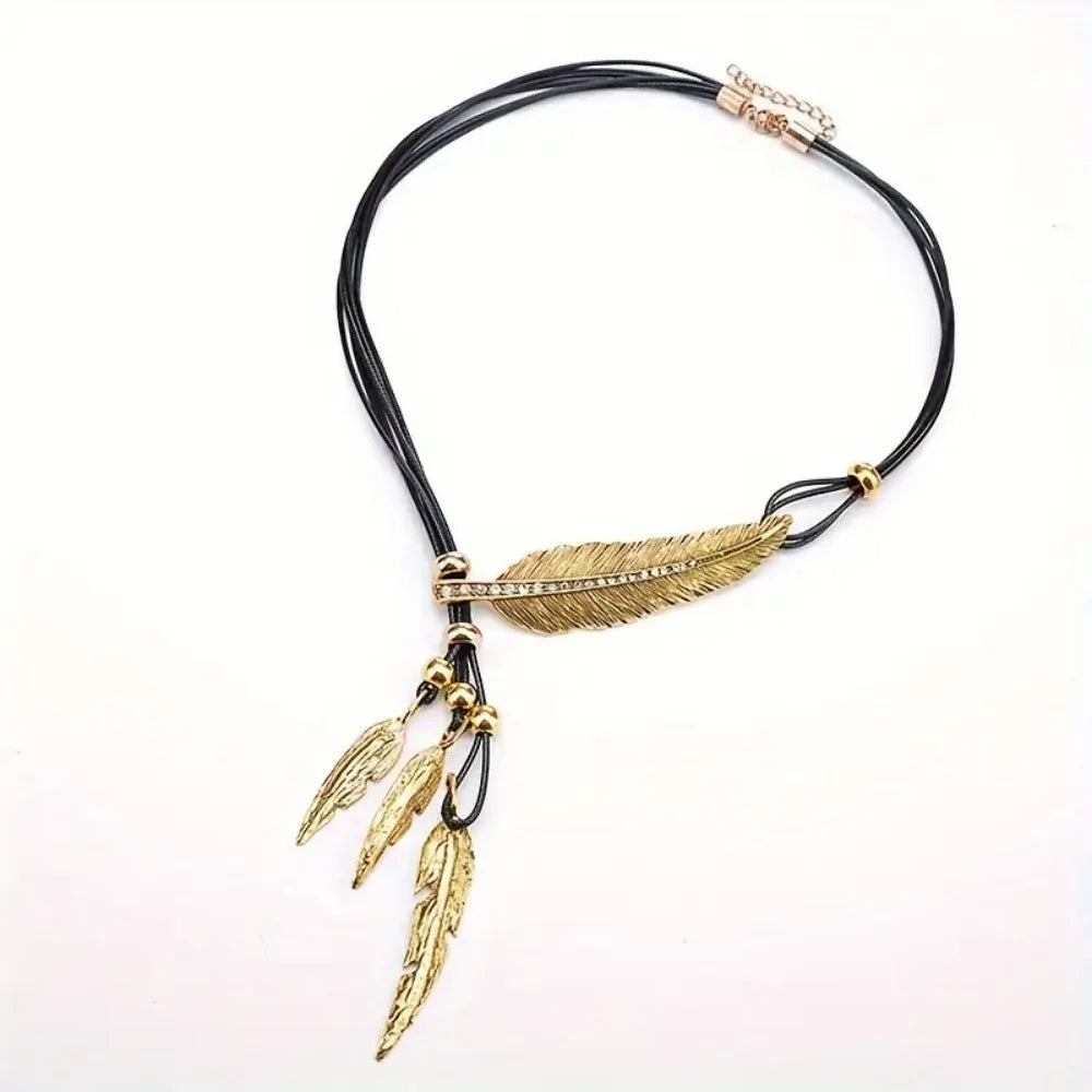 FBA Feather Rhinestone Tassel Necklace | Silver Leather Rope Jewelry