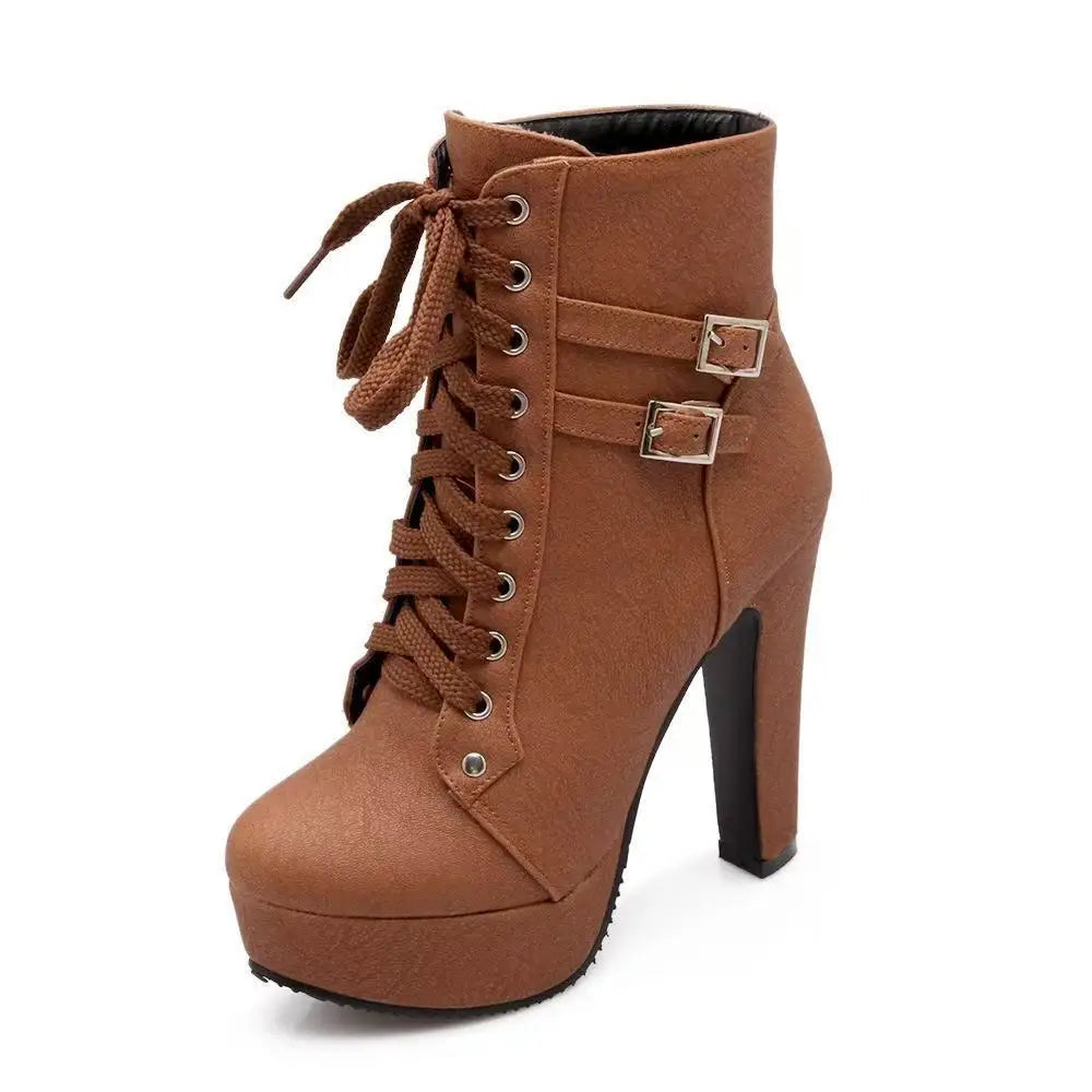 Women's Cross Lace-Up Ankle Boot with High Heel & Buckle