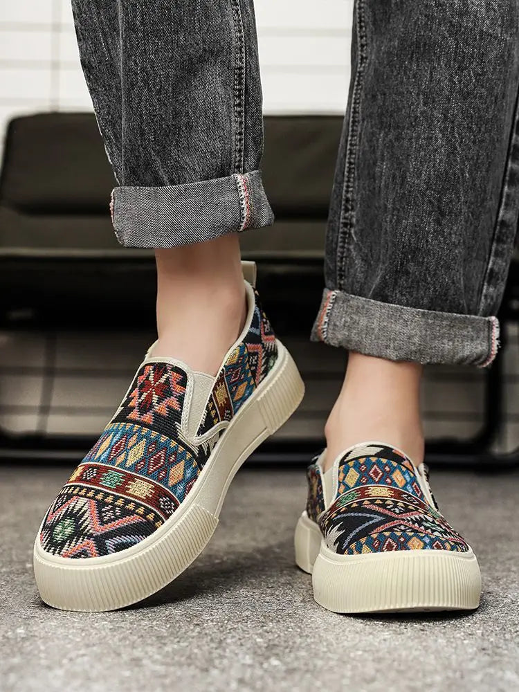 FBA Men's Canvas Printing Thick Platform Retro Sneakers | Elegant Breathable Casual Shoes