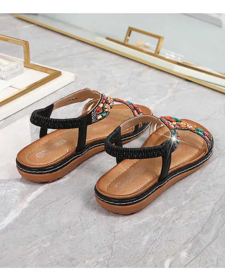 FBA Women's Rhinestone Bohemian Hollow Flat Sandals | Summer Casual Shoes