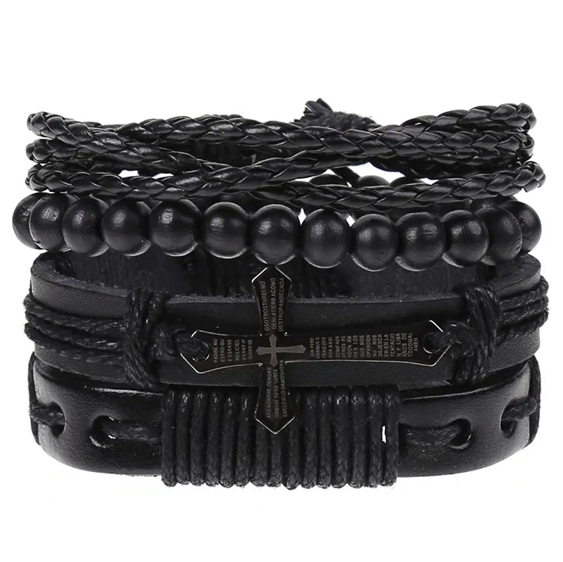 FBA 4-Piece Braided Leather Ethnic Wristband Set | Hope Believe Bracelet