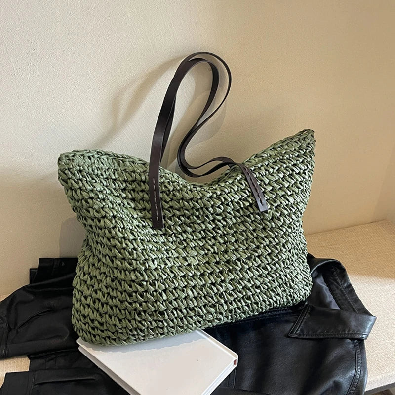 Straw Woven Casual Tote Bag for Women – Large Capacity Bohemian Beach Shoulder Handbag
