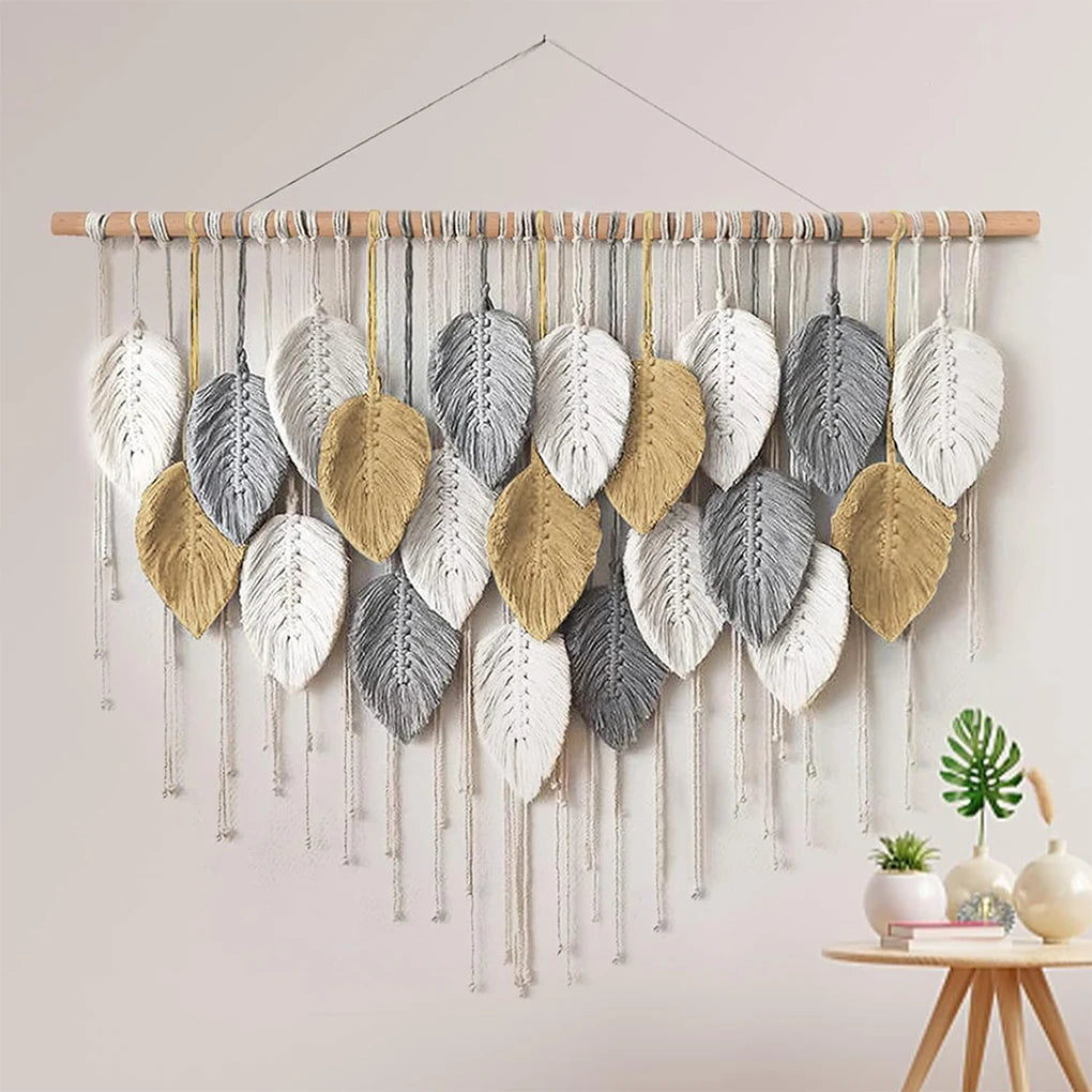 Large Boho Macrame Wall Tapestry | Handwoven Leaf & Feather Wall Art