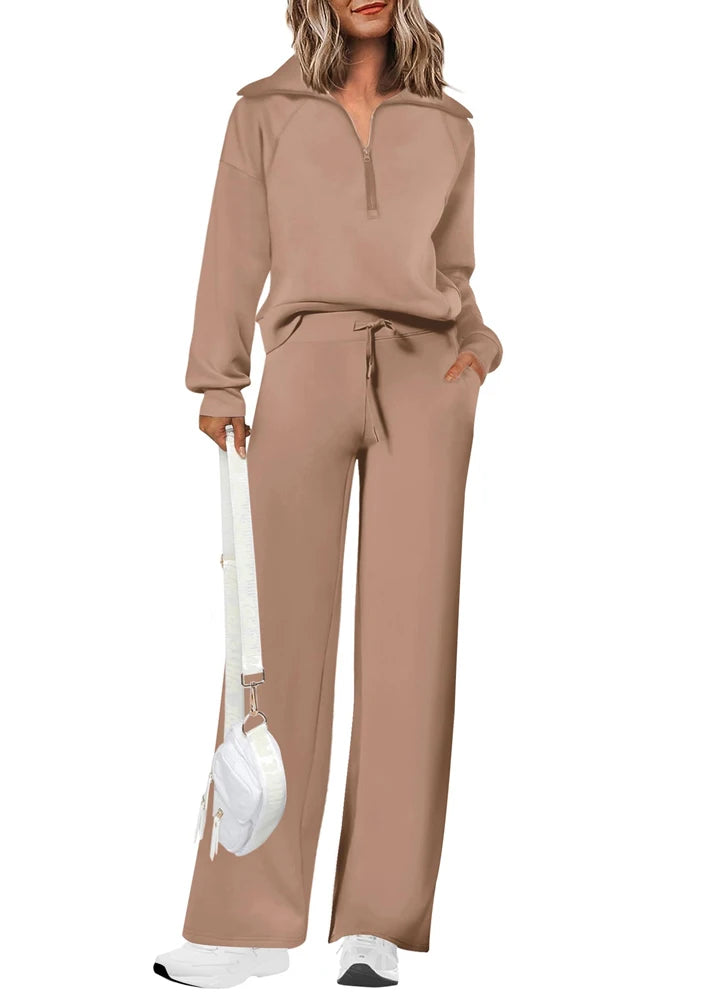 Women's 2-Piece Loose-Fit Half-Zip Sweatshirt & Wide-Leg Jogger Set | FBA Vibes