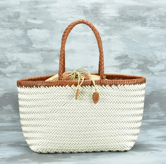 Genuine Leather Woven Basket Tote Bag for Women – Luxury Vintage Cowhide Shoulder Bag
