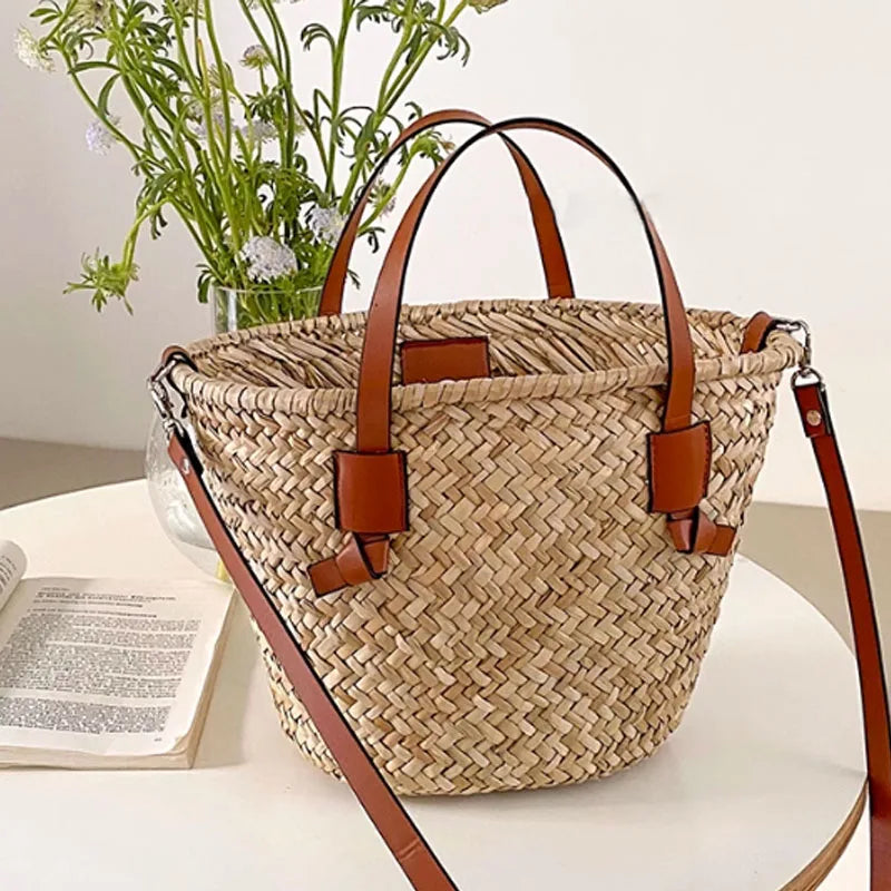 Large Capacity Rattan Wicker Woven Basket Tote Bag – Straw Shoulder & Crossbody Beach Bag for Women
