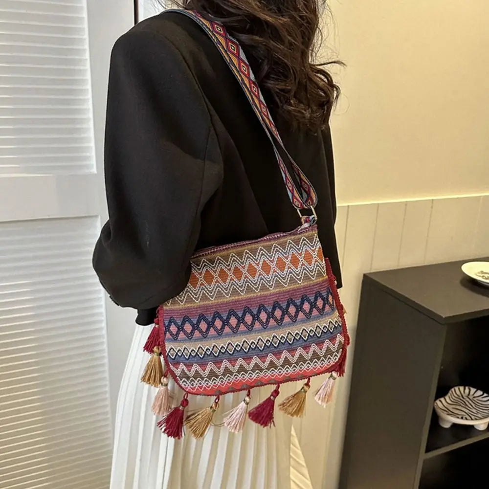 Tassel Ethnic Fringe Crossbody Shoulder Bag – Bohemian Woven Messenger Handbag