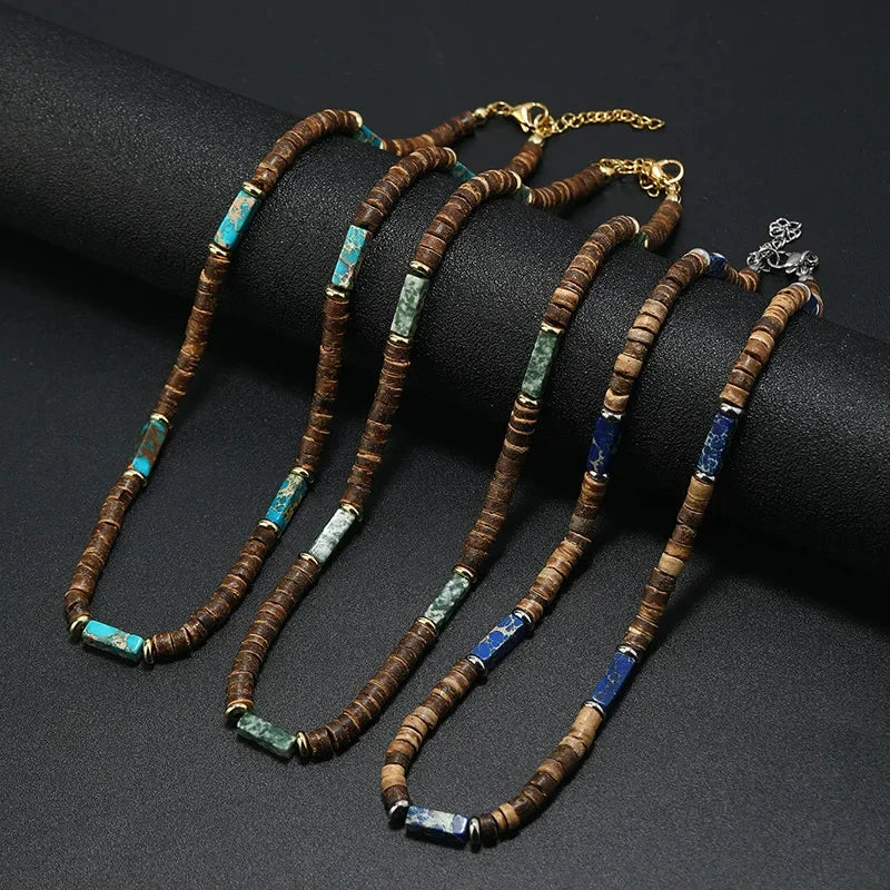 FBA Men's Wood Bead Natural Stone Necklace | Retro Summer Jewelry