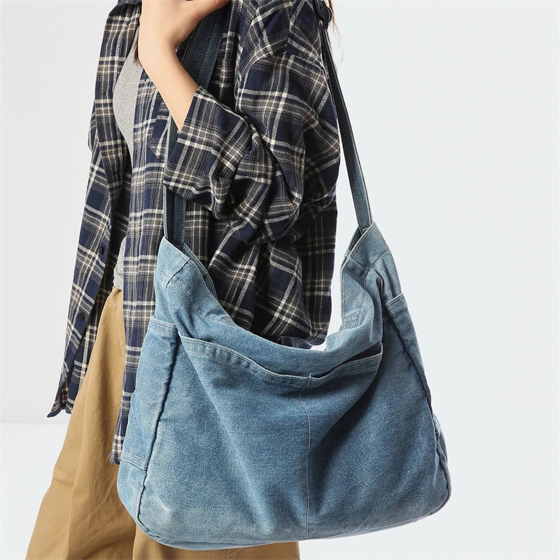 Denim Shoulder Bag for Women – Large Capacity Casual Tote & Crossbody Schoolbag