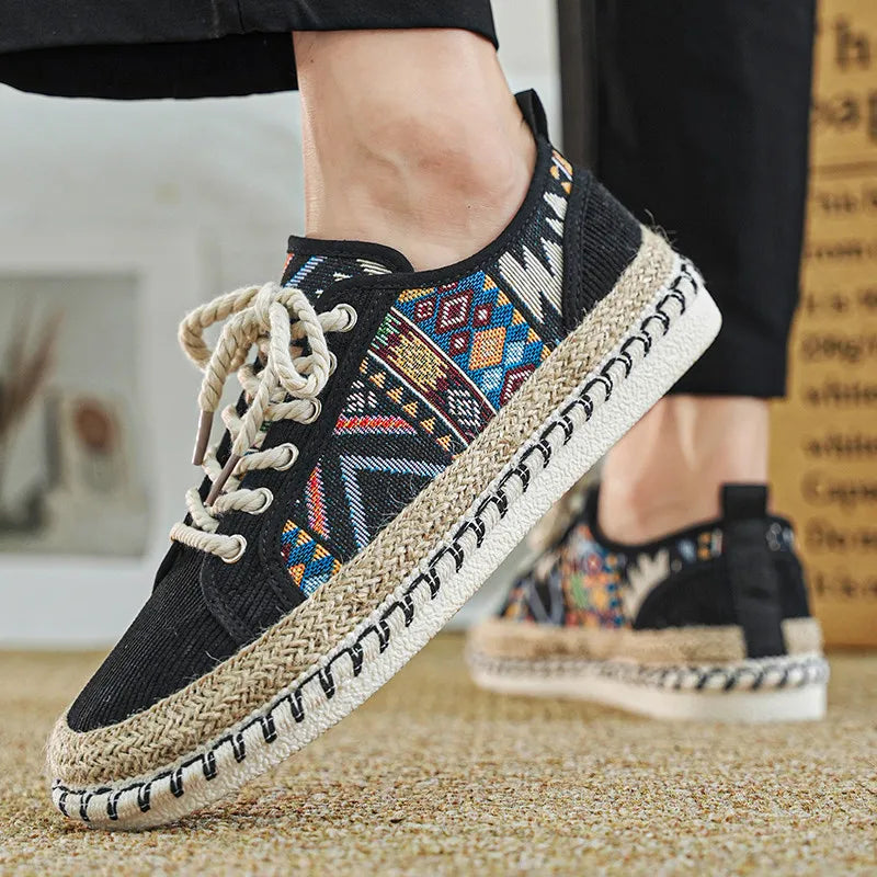 FBA Men's Printed Canvas Fisherman Shoes | Lace-Up Flat Casual Shoes