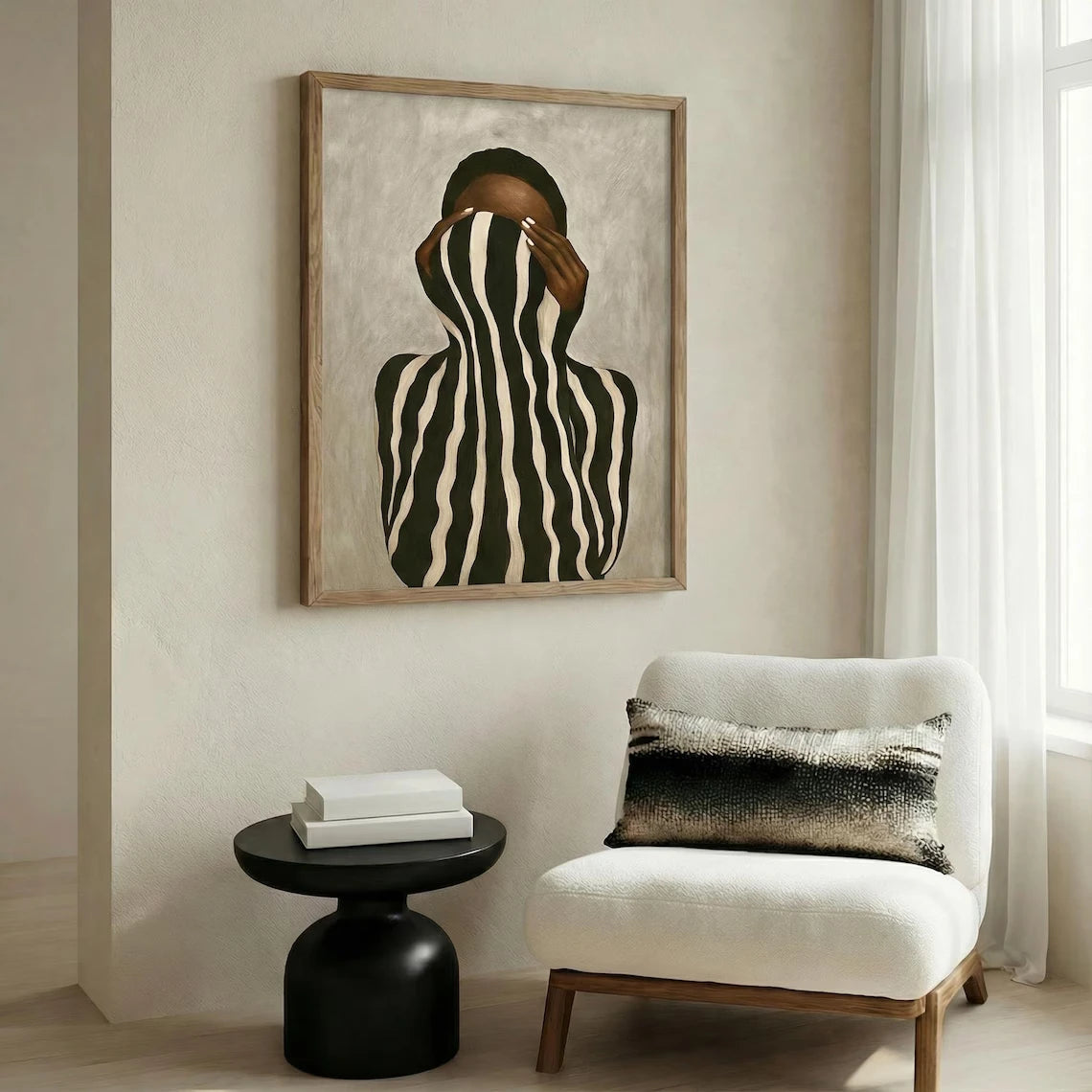Afrocentric Abstract Black Woman Canvas Print | Black & White Stripes Neutral Wall Art