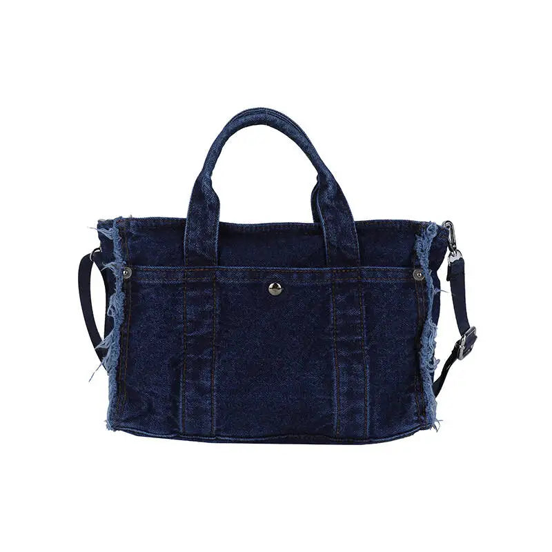 Denim Tote Bag with Ruched Straps – Large Capacity Crossbody Shoulder Handbag