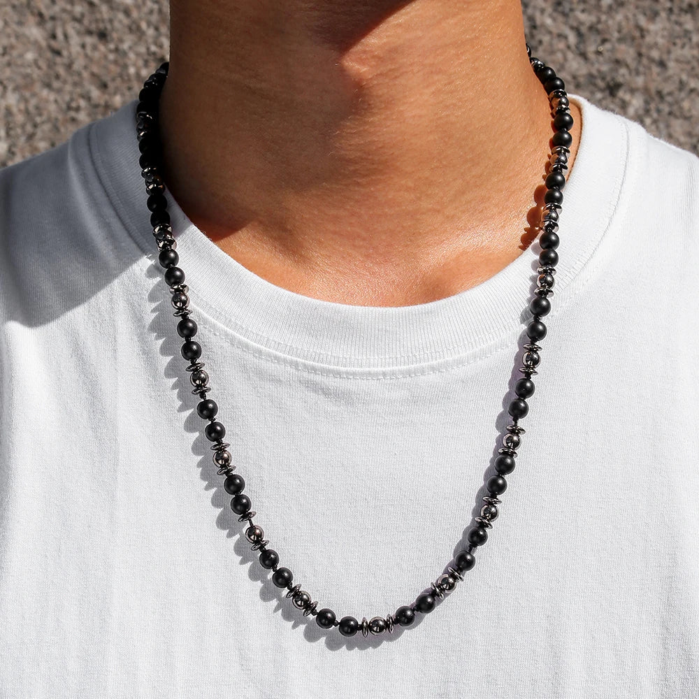 FBA Frosted Stone Hematite Beaded Pendant Necklace | Men's Ethnic Jewelry