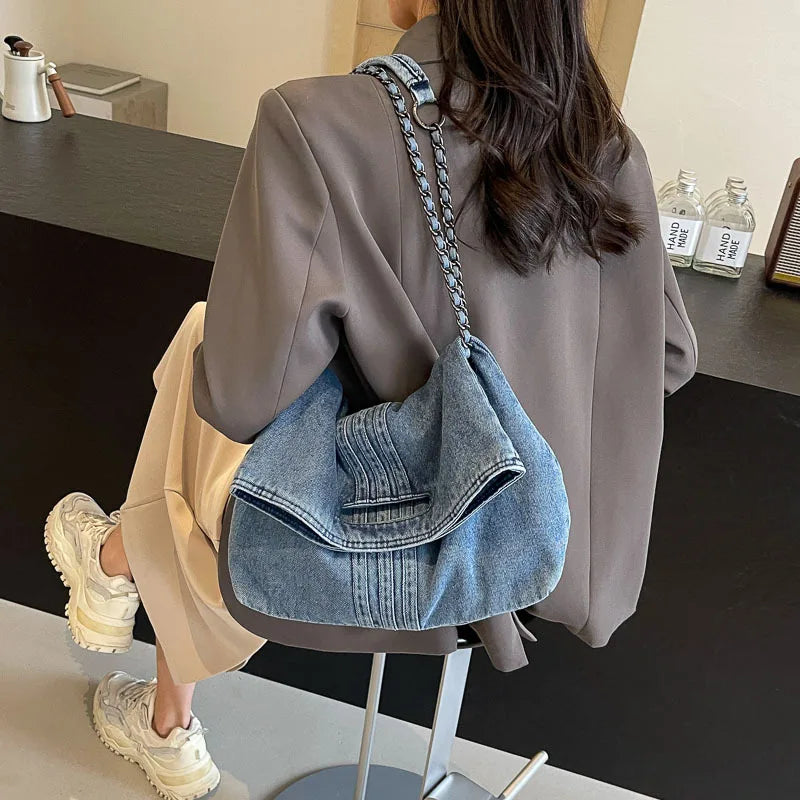 Denim Tote Bag with Chain Strap – Large Capacity Commuter Crossbody Bag