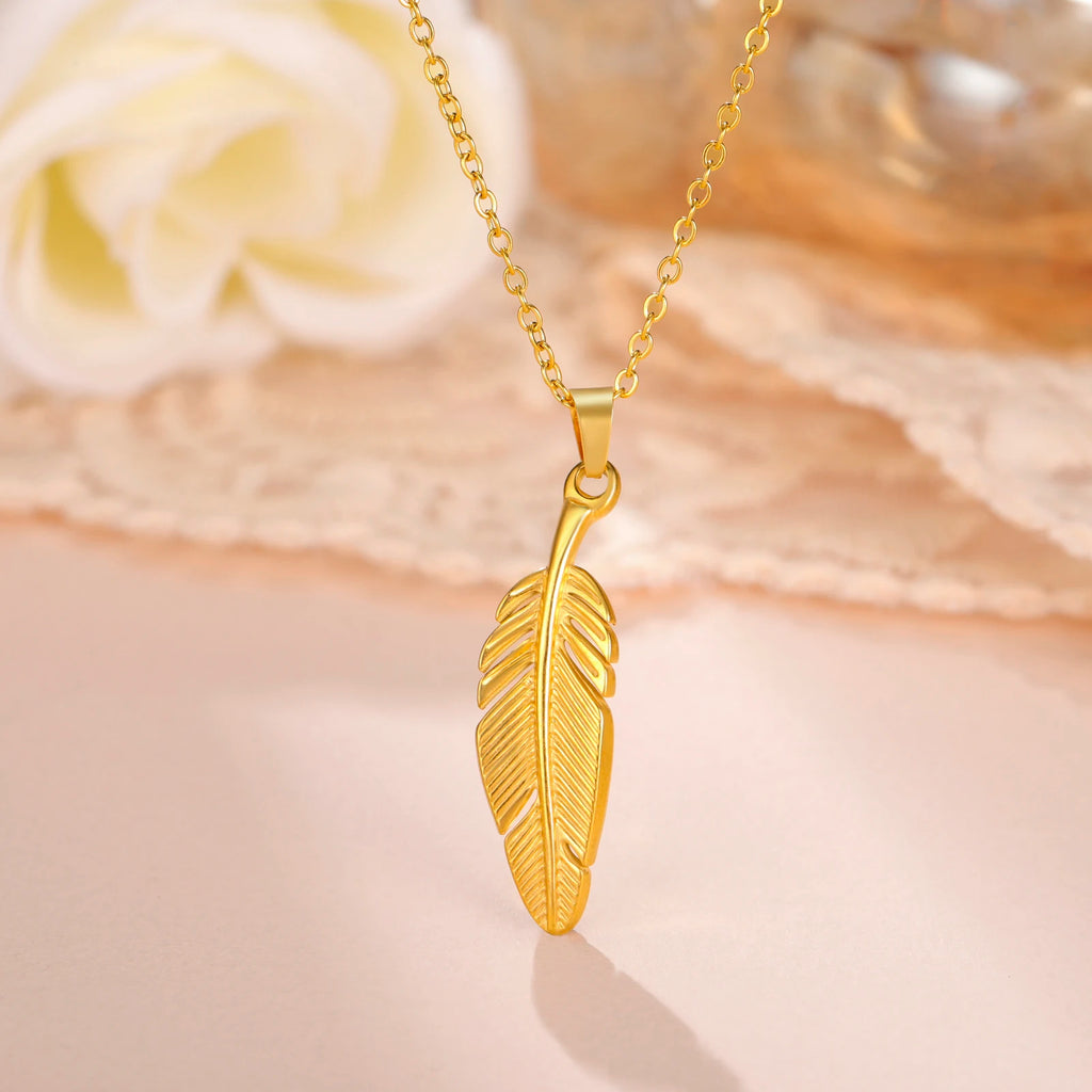 FBA Stainless Steel Feather Leaf Pendant Necklace | Women's Gold Jewelry