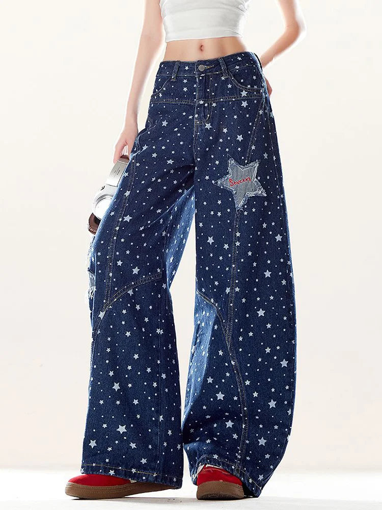 Women's American Hip Hop Stars Print High Waist Wide-Leg Jeans – Y2K Harajuku Vintage Streetwear Denim | Blue | S–XXL | FBA Vibes