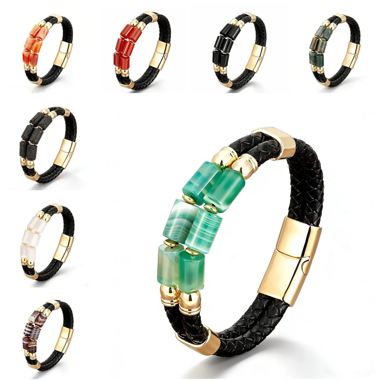 FBA Men's Natural Agate Leather Bracelet | Multi-Color Crystal Healing Jewelry