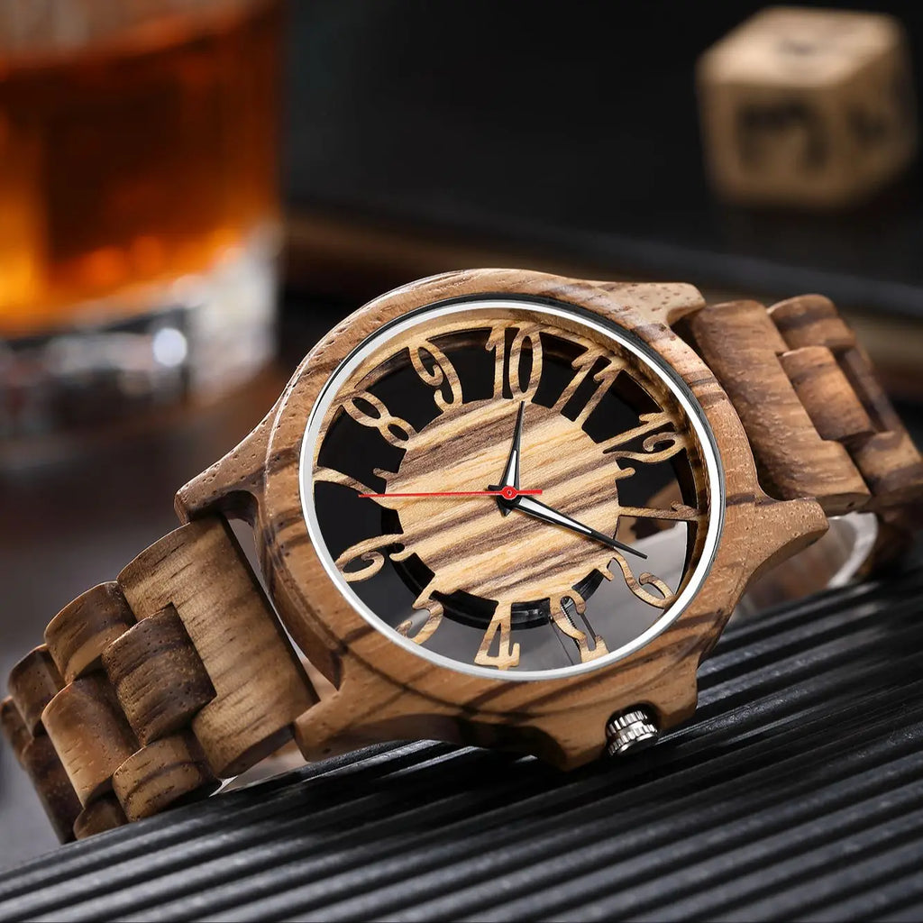 FBA Unisex Hollow Style Wood Watch | Big Dial Quartz Wooden Wristwatch