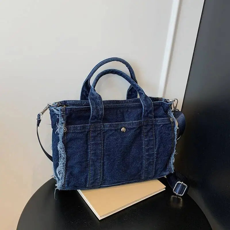 Denim Tote Bag with Ruched Straps – Large Capacity Crossbody Shoulder Handbag