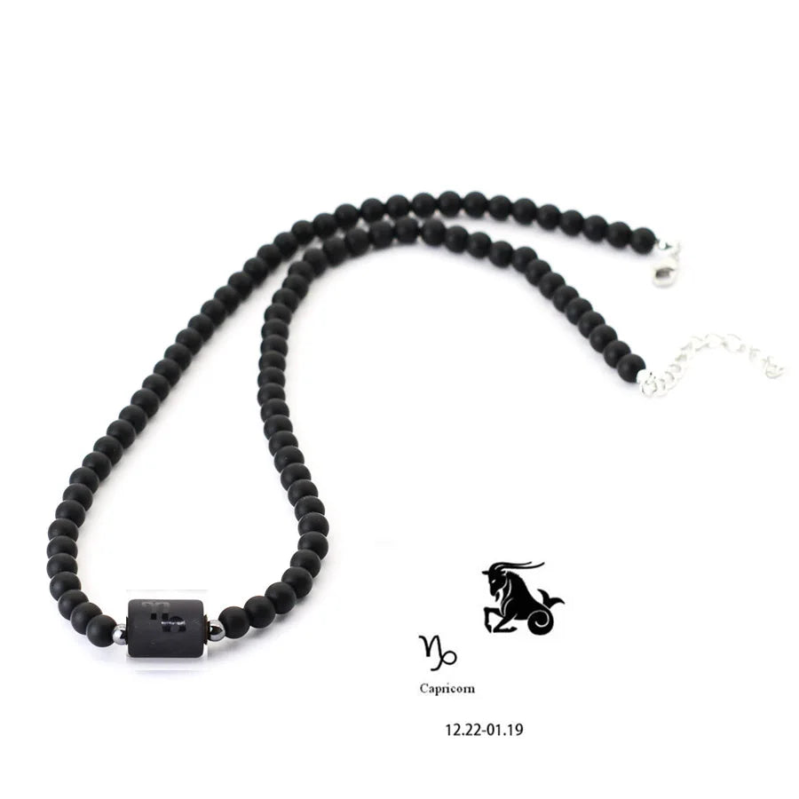 FBA 12 Constellations Black Onyx Beaded Necklace | Men's Jewelry