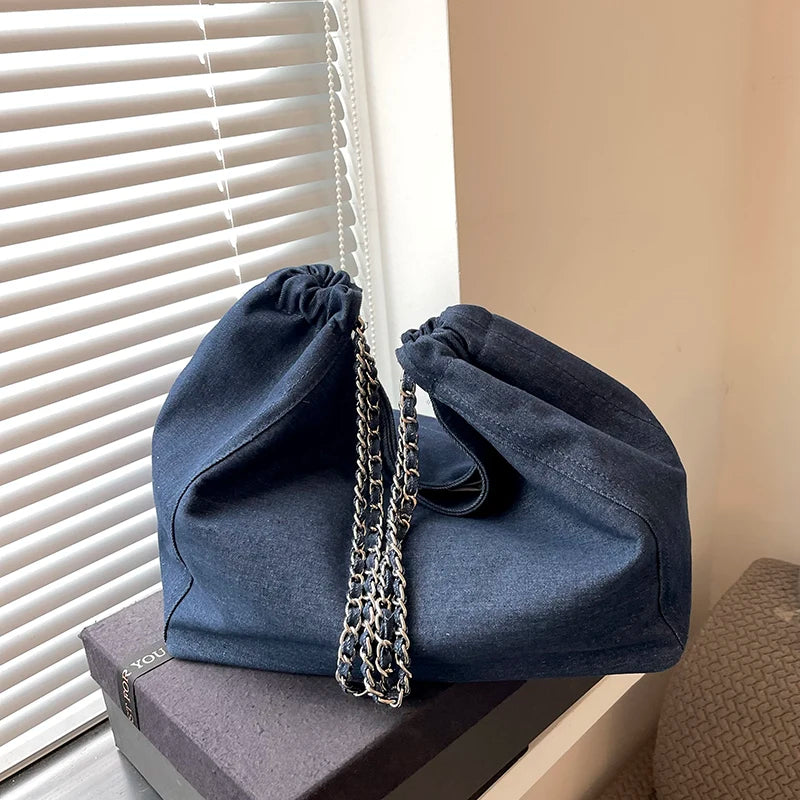 Big Chain Denim Shoulder Tote Bag for Women – Large Capacity Luxury Shopper