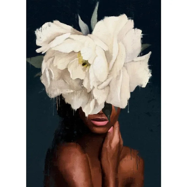 African American Woman Floral Canvas Print | Elegant Black Girl Wall Art for Living Room Home Decor