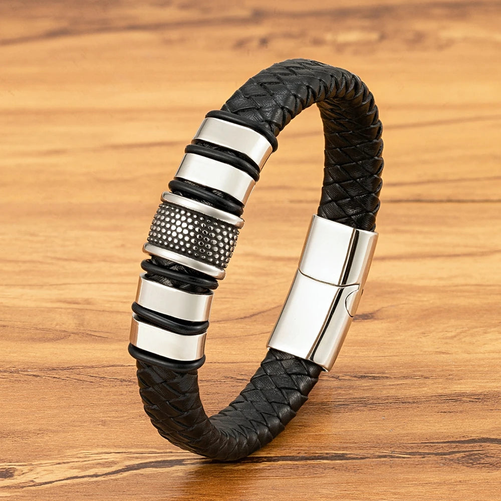 FBA Men's Stainless Steel Beaded Leather Rope Bracelet | Charm Jewelry Gift