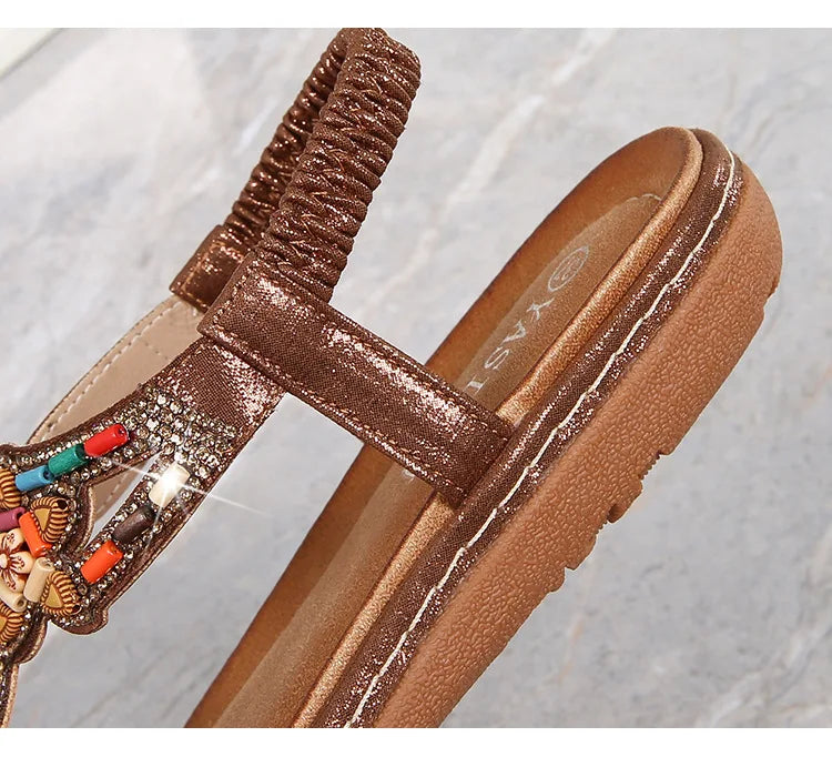 FBA Women's Rhinestone Bohemian Hollow Flat Sandals | Summer Casual Shoes