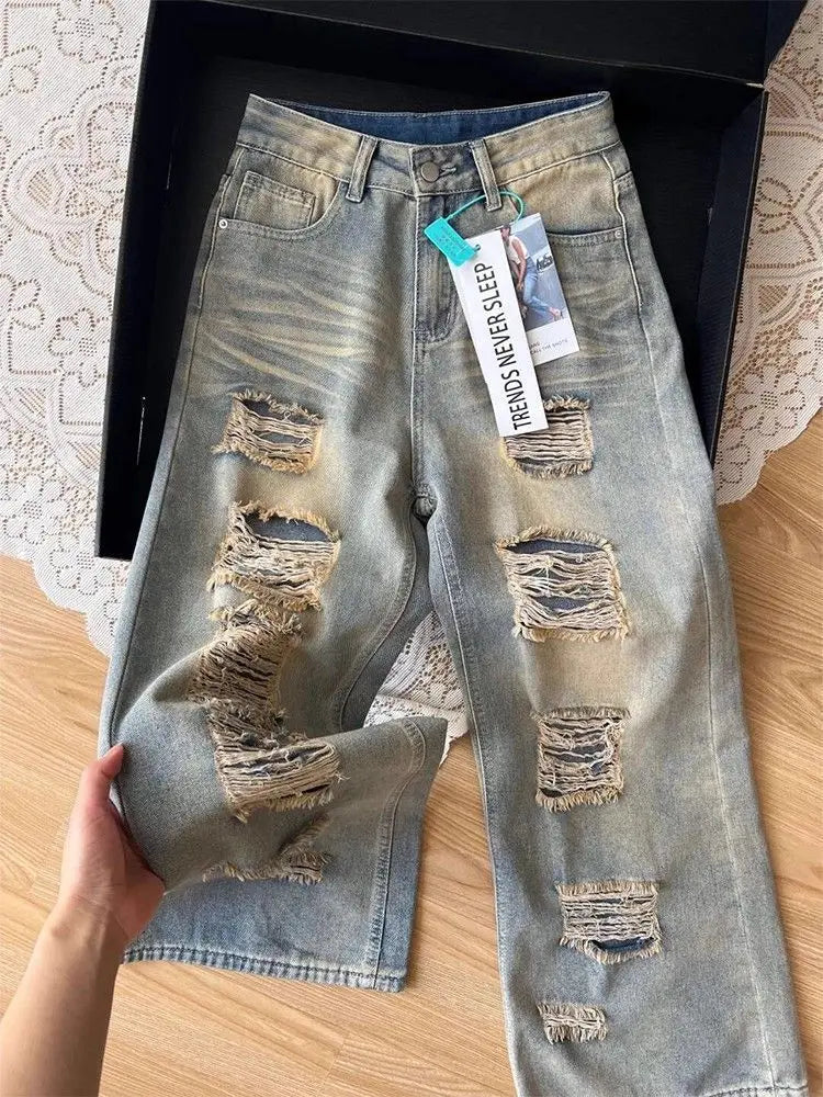 Women's American Retro Distressed Stonewash Wide-Leg Straight Jeans – Loose Drape Ankle-Length Denim | Beige | XS–XL | FBA Vibes