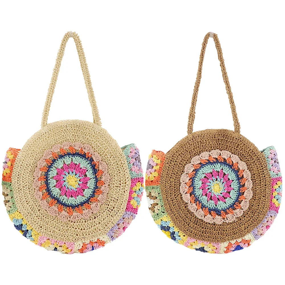 Women's Round Straw Woven Tote Bag – Large Capacity Ethnic Style Vacation Shoulder Handbag
