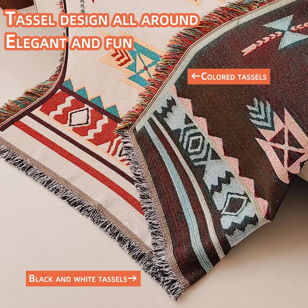 Aztec Boho Fringe Throw Blanket – Jacquard Woven | FBA Vibes