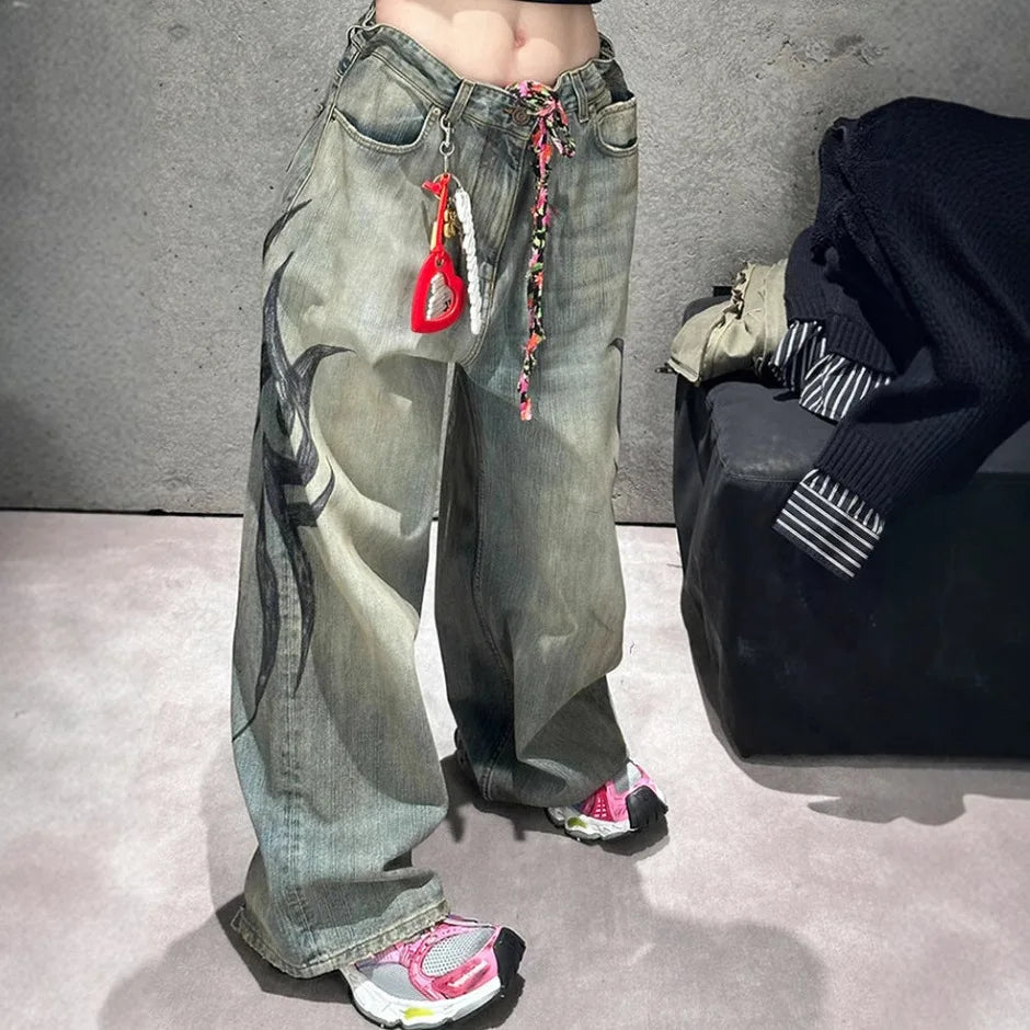 Women's American Retro Mottled Totem Print High Waist Wide-Leg Jeans – Japanese Hip Hop Streetwear Loose Denim | Blue & Black | S–XXXL | FBA Vibes