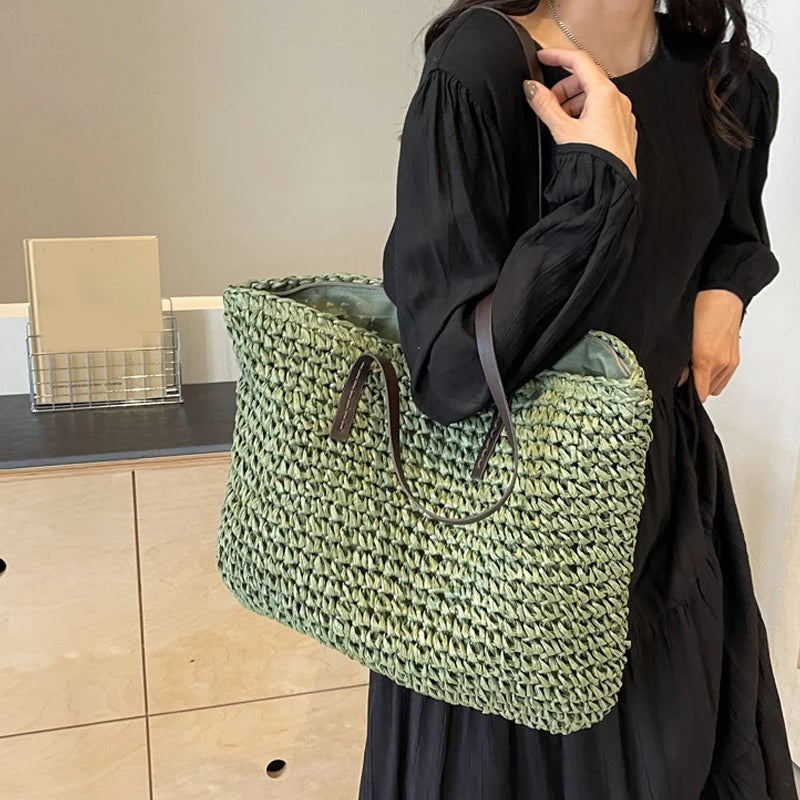 Straw Woven Casual Tote Bag for Women – Large Capacity Bohemian Beach Shoulder Handbag