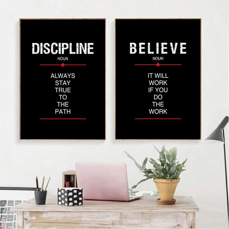 Black Inspirational Quote Canvas Print | Discipline Believe Focus Motivational Wall Art for Home Decor