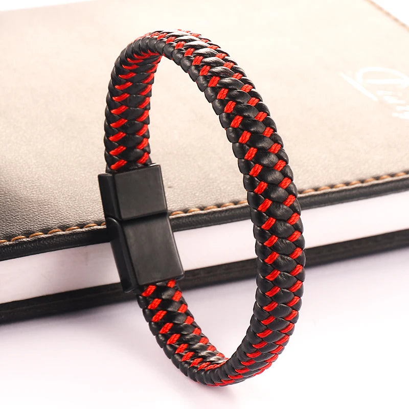FBA Men's Black Braided Leather Magnetic Bracelet | Wristband Gift