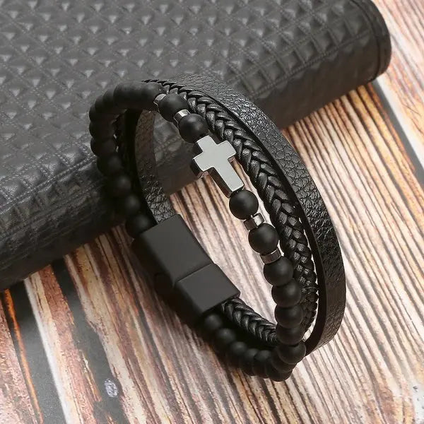 FBA Prayer Rosary Cross Natural Stone Leather Bracelet | Yoga Meditation Jewelry