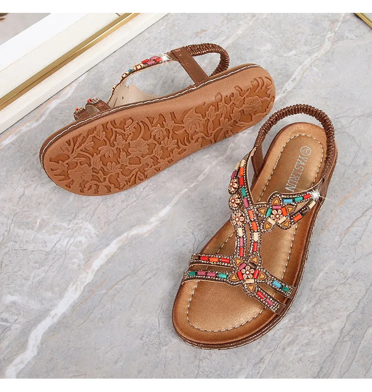 FBA Women's Rhinestone Bohemian Hollow Flat Sandals | Summer Casual Shoes