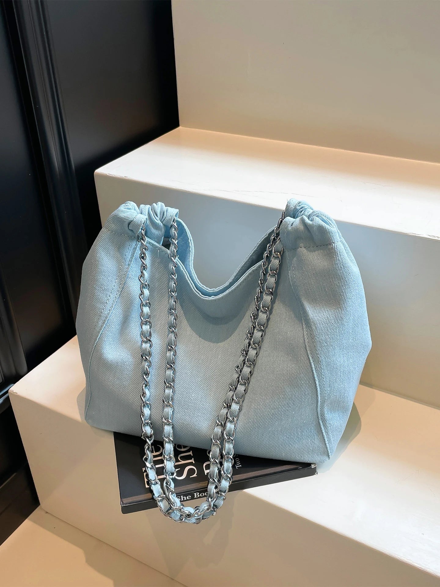 Denim Chain Shoulder Bag for Women – Large Capacity Korean Fashion Crossbody Tote